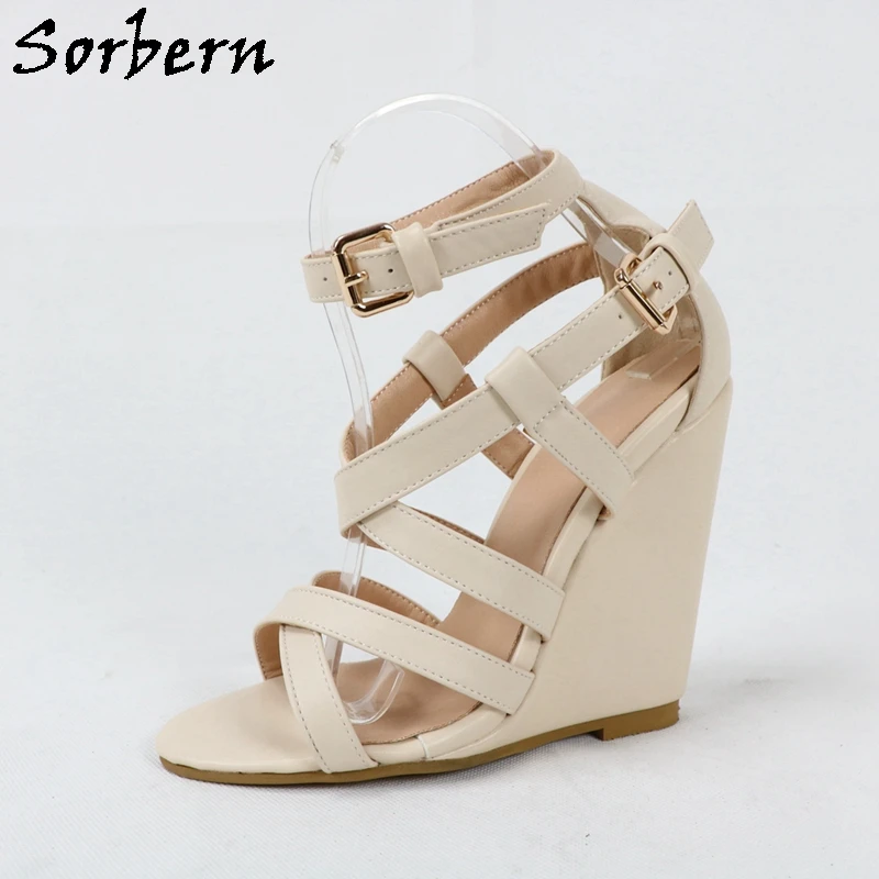 Sorbern Cream Ivory Sandals Women Wedges High Heels Straps Crossed Summer Shoes Customized Unisex Shoe Big Size 15 Fetish Heels