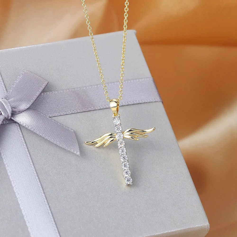 Pendant Necklace For Women Korean Angel Wings Cross Zircon Light Gold Color Choker Chains Gift Jewelry Wholesale N229