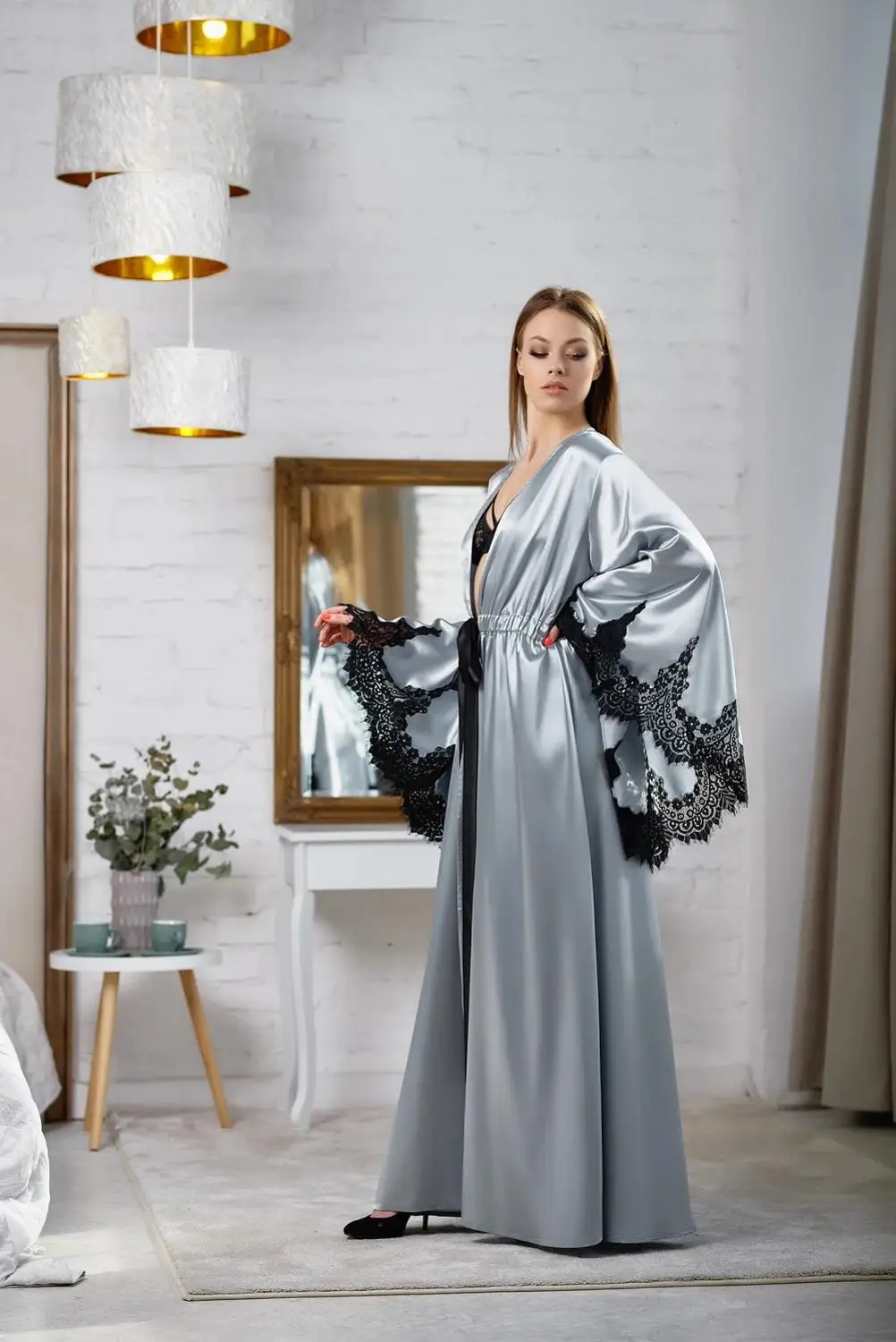 2022 Silver Bridal Bathrobe Nightgown LaceLong Sleeve Bathrobe Pajamas Sleepwear Train Long