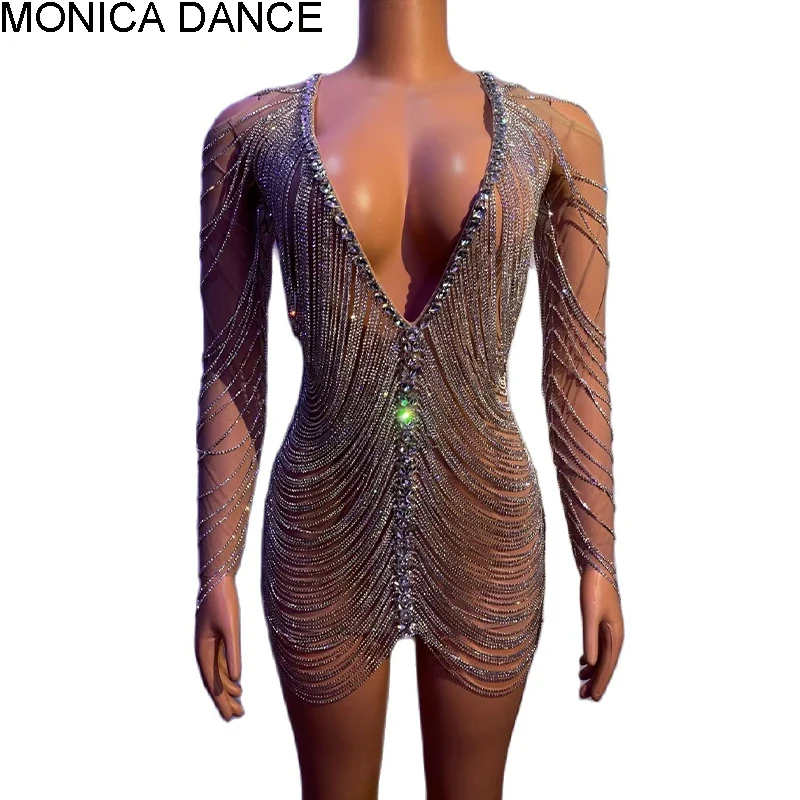 Sexy Bühne Kristalle Ketten Hohl Kleid Mit Mesh Unter Party Hochzeit Geburtstag Dj Sängerin Nachtclub Durchsichtig Kostüm