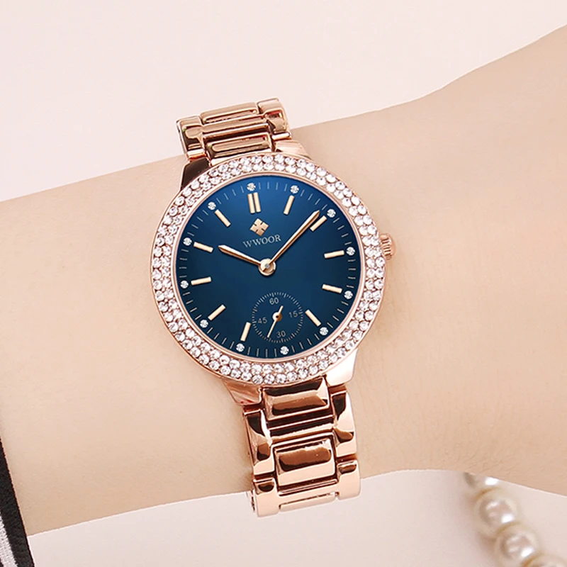 Reloj de pulsera con diamantes de movimiento japonés para Mujer WWOOR, elegante pulsera de cuarzo para Mujer, Reloj de pulsera resistente al agua,