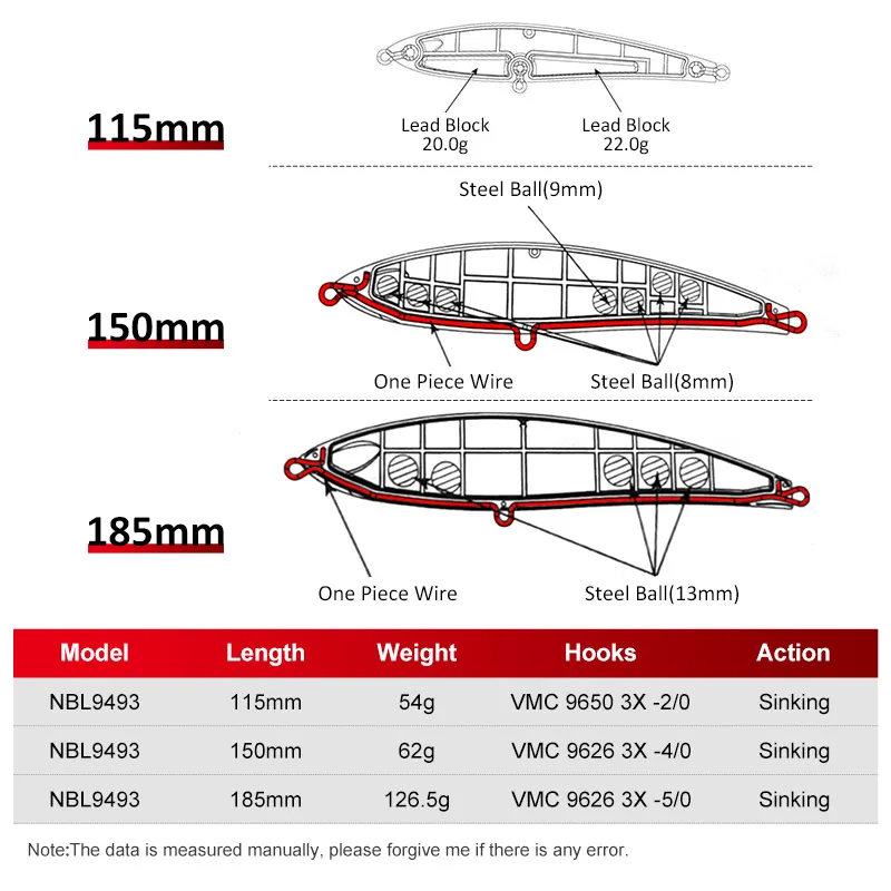 NOEBY NBL9493 Big Pencil Lure 115mm 150mm 185mm VMC Hook Sinking Wobbler Hard Bait Carp Bass Lures Isca Artificial Para Pesca