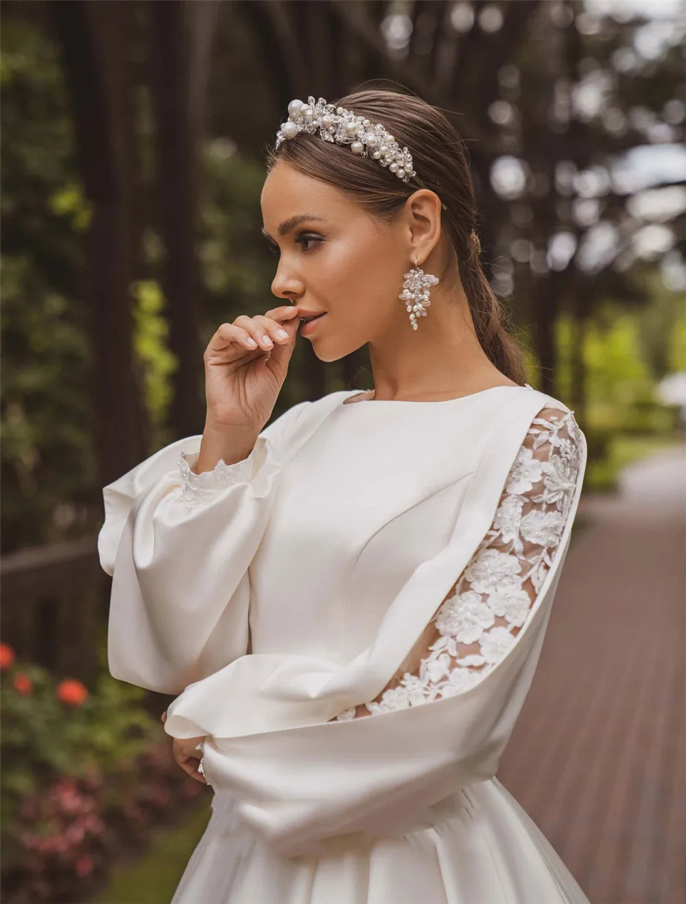 Vestidos de novia de encaje de satén con corte en A, bohemios, mangas largas abullonadas, vestido de novia con apliques de botones, vestidos de fiesta de boda de princesa de talla grande