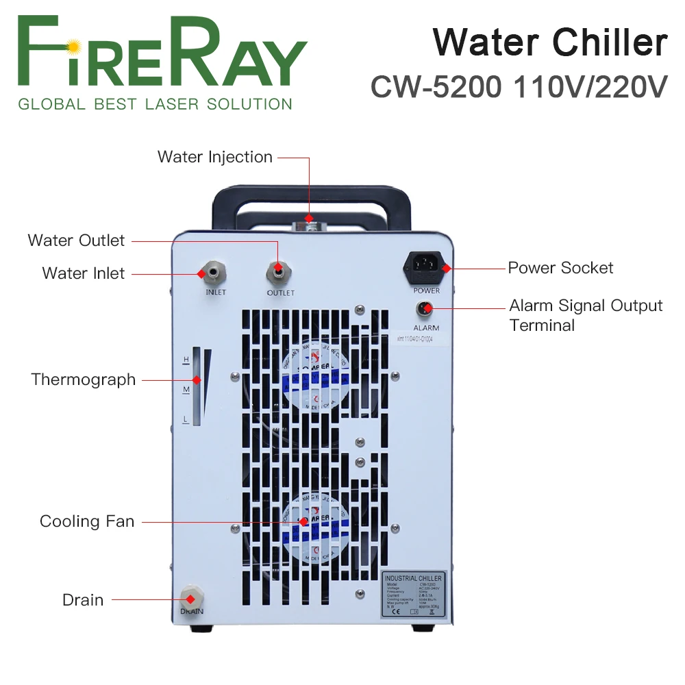 Fireray CW-5200 산업용 물 냉각기, CO2 레이저 조각 절단기 냉각, 레이저 튜브, 5200W, 110V, 220V, 60W, 80W