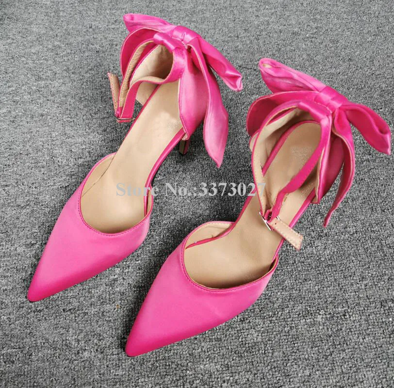 

Rose Red Satin Bowtie Pumps Shoes Fashion Women Pointed Toe Stiletto Heel Butterfly-knot Wedding Shoes Lady Single Shoes