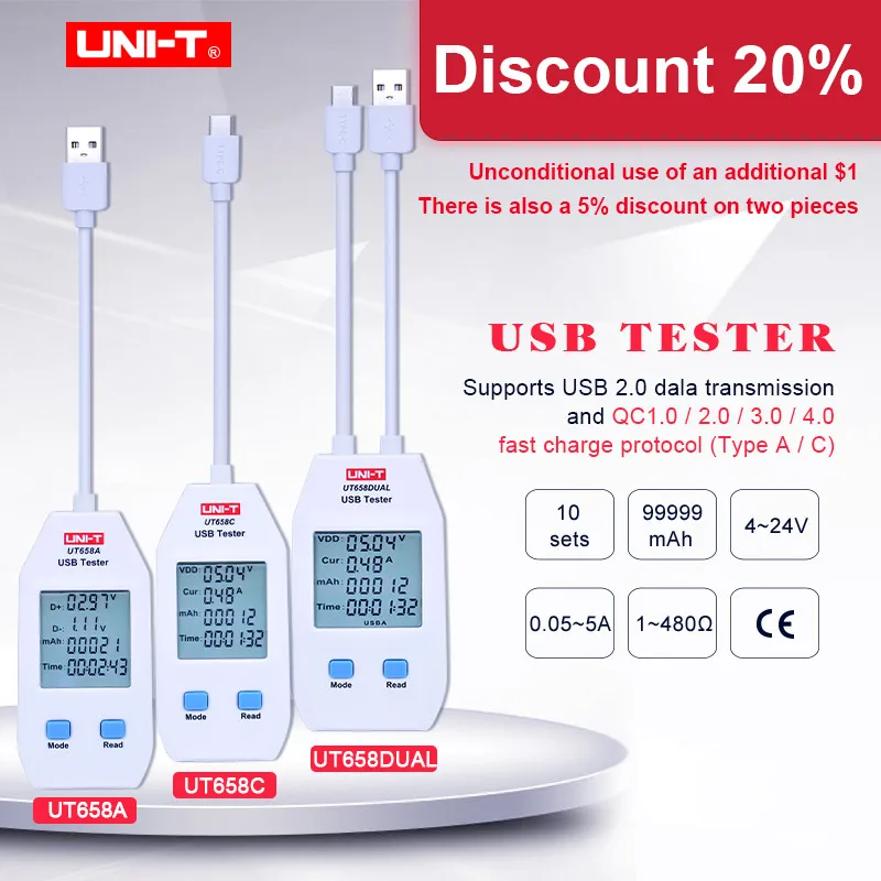 USB Tester UNI-T UT658A/C/DUAL Voltage and Current Monitors Volt Ampere Digital Product Charger Capacity Meter with Data Storage