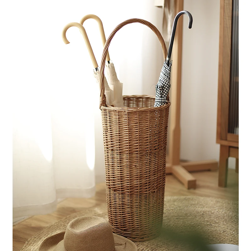 Rattan Umbrella Storage Basket With Handle Japanese Style Creative Home Decor Wicker Weaving Sundries Storage Basket Organizer