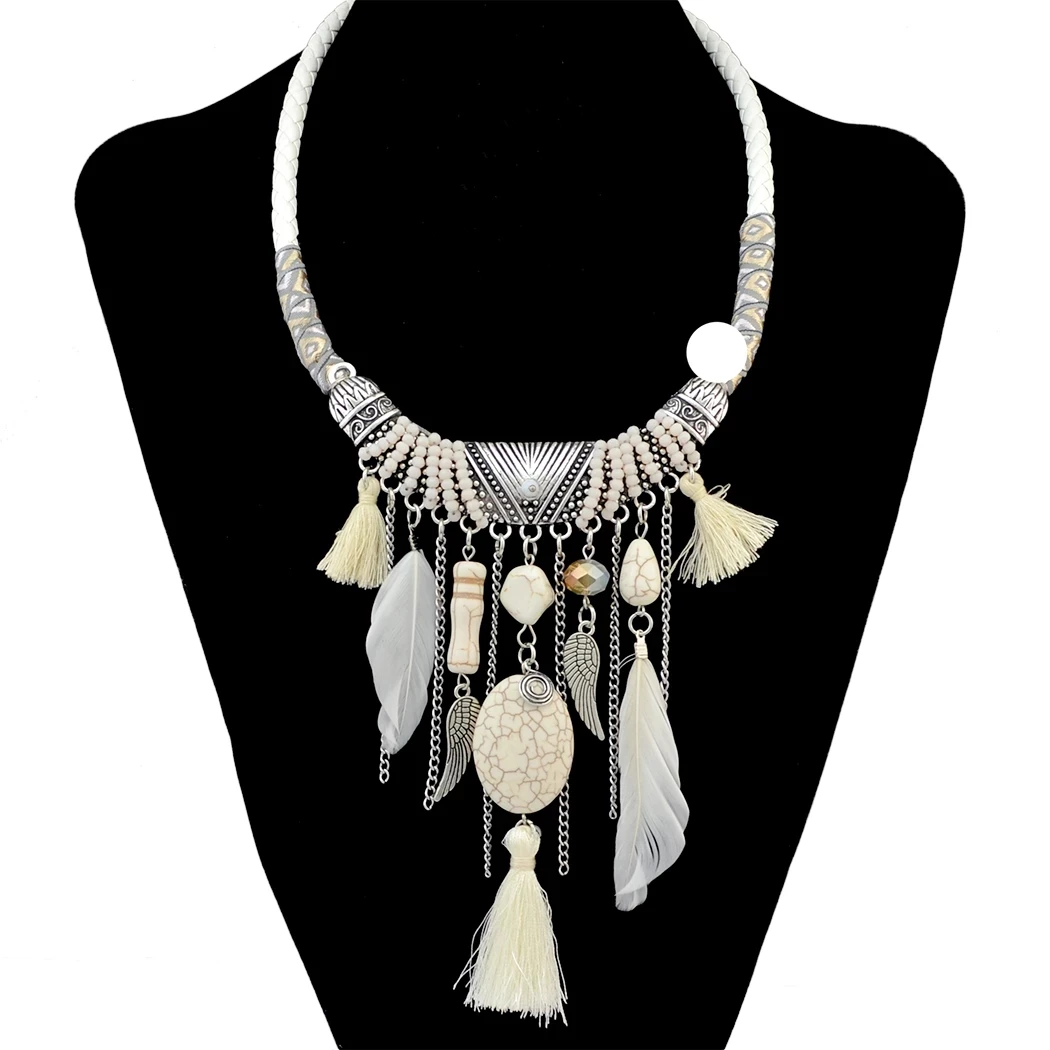 Ethnic Vintage Boho Thread Long Tassel Necklaces For Women Feather Beads Necklace Bohemian Gypsy Turkish Party Jewelry Gift