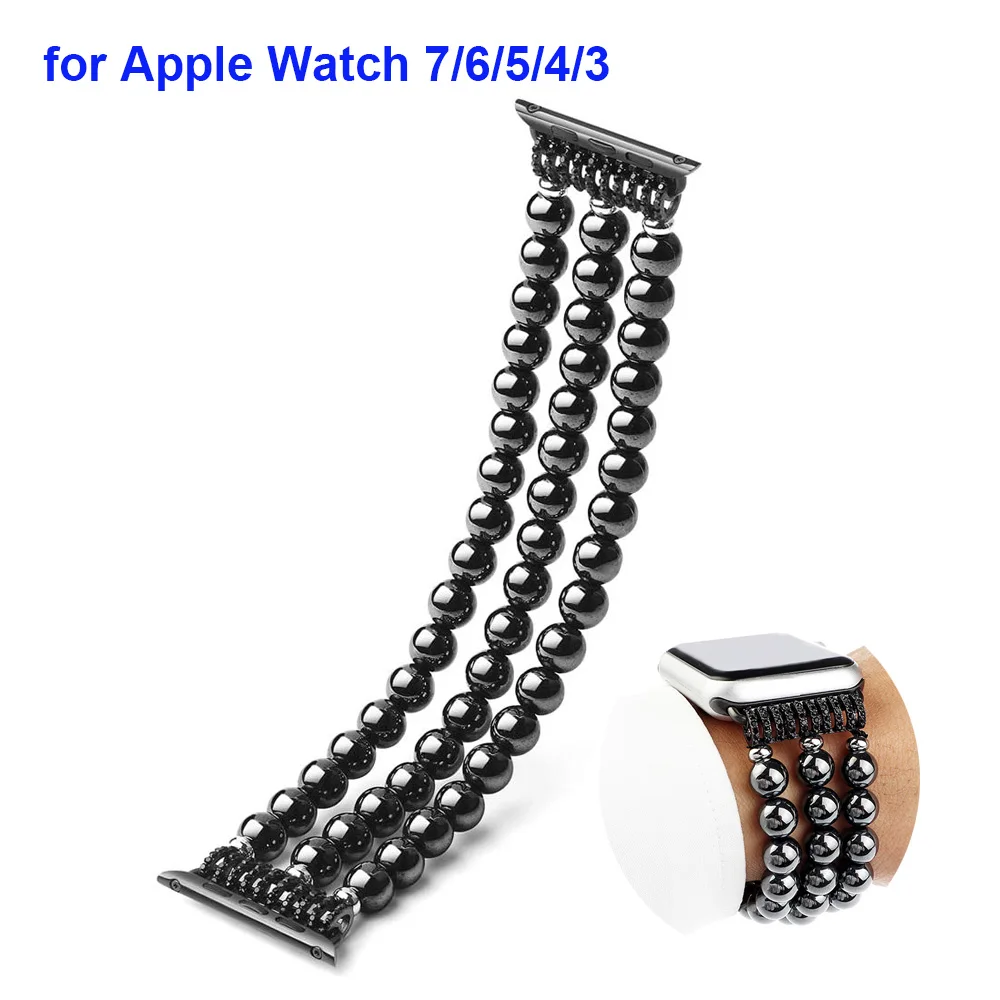 Hematite Beads Watch Strap for Apple Watch Band 42mm 44mm 45mm 38mm 40mm 41mm Men Bracelet for iWatch Bands 7 6 5 4 SE 3 2 1