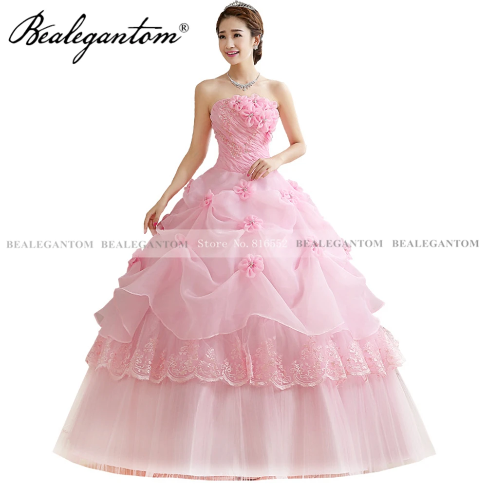 Bealegantom คุณภาพสูงสีชมพูสีขาว Quinceanera Ball Gown ดอกไม้ Lace Up Sweet 16ปาร์ตี้ชุดราตรี Vestido 15 Anos QD146