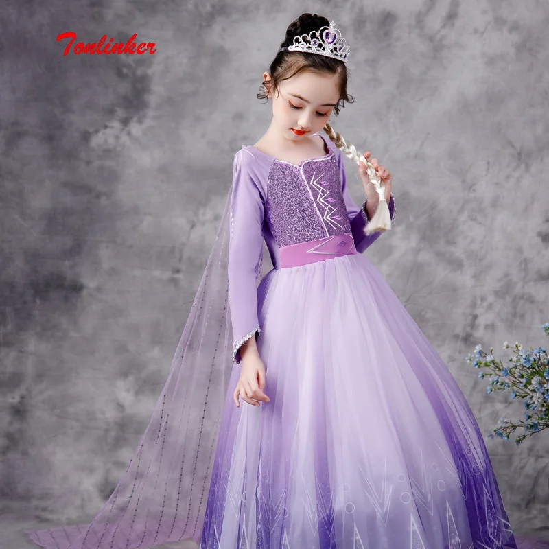 Girls Cartoon Movie Purple Long Sleeve Dress Costume Princess Snow Queen Dressing Up With Cape For Girl  Carnival Fancy Dress