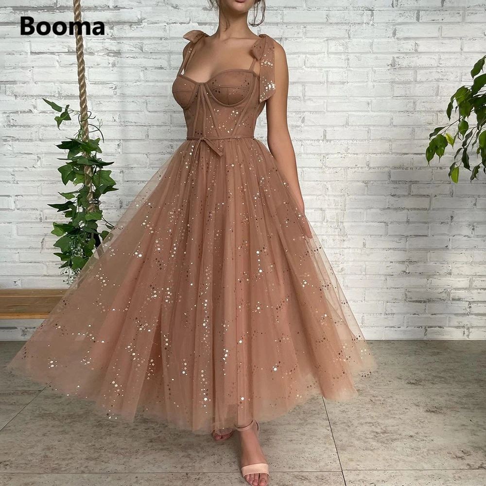 

Booma Sparkly Brown Sequined Tulle Midi Prom Dresses 2022 Tied Bow Straps Tea-Length A-Line Evening Party Gowns with Pockets