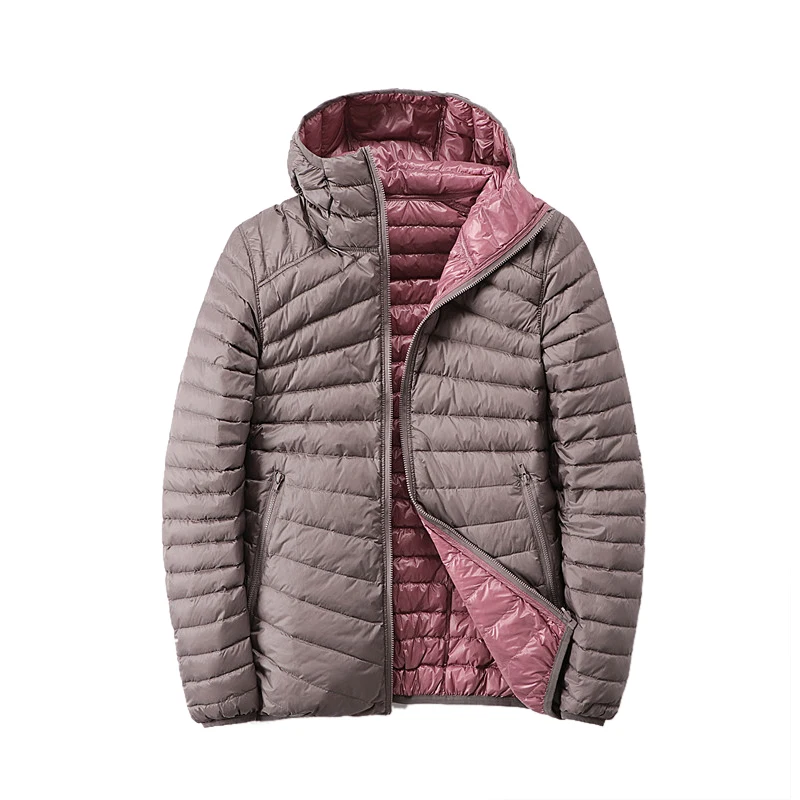 Chaqueta de doble cara para mujer, abrigo ultraligero de plumón de pato blanco 90%, con capucha, rompevientos, Reversible, ligero y cálido