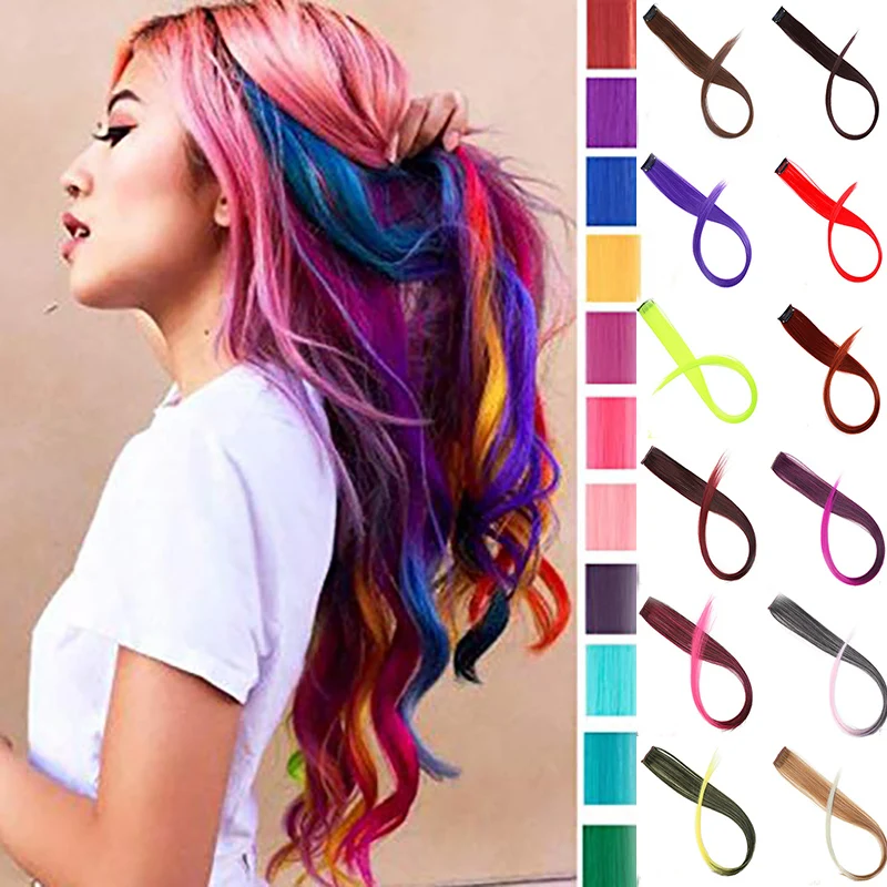 BUQI – Extensions capillaires synthétiques longues et lisses, couleur arc-en-ciel, mèches roses avec Clips