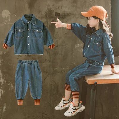 Girls Fashion Denim Clothing Set Spring Autumn Kids Leisure Threaded Cuff Custome Children's Striped Spliced Clothes Suit P197