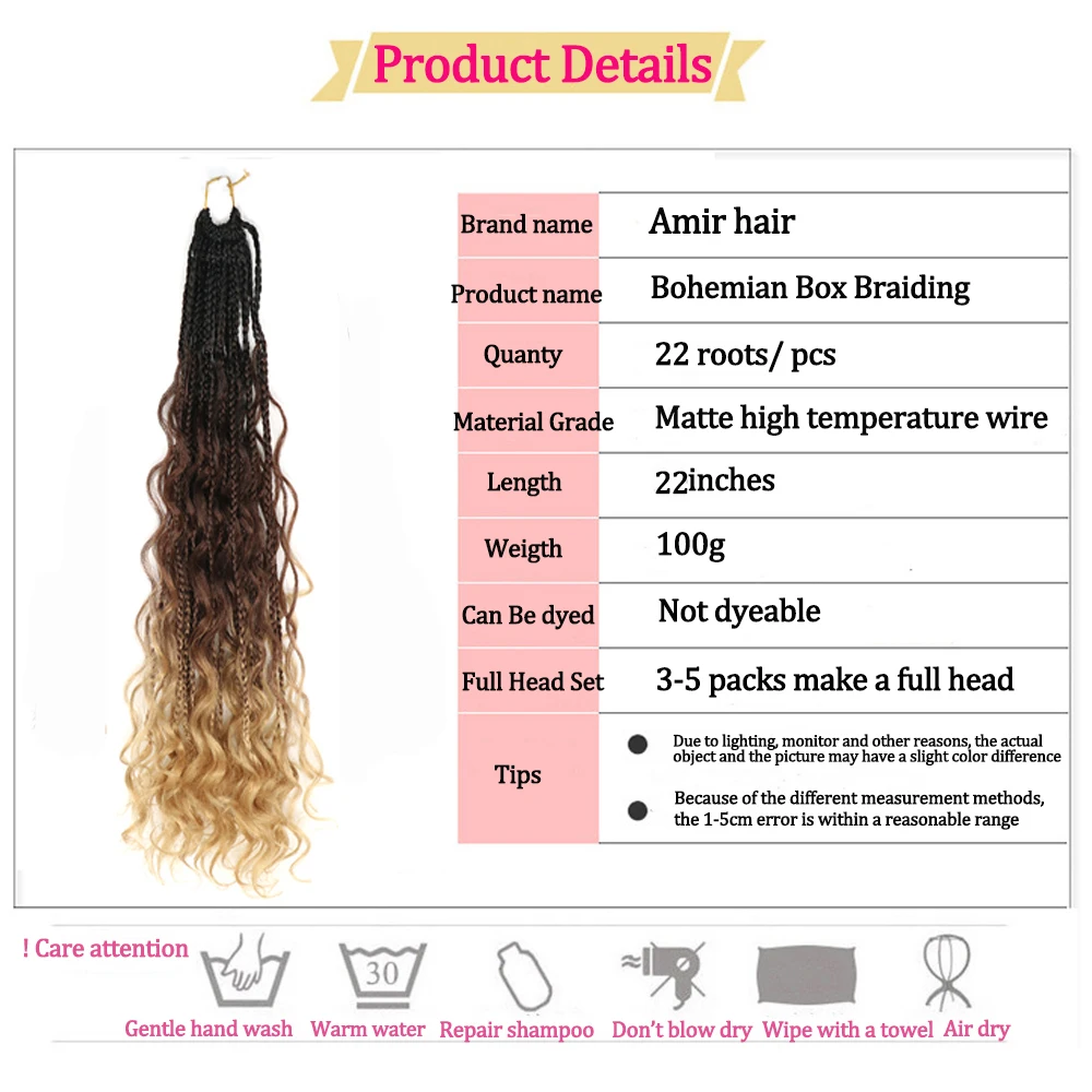 Amir 22\'\' Locs Crochet Ombre Braid Hair Extensions Synthetic Wavy Bomb Twist With Curly End Bohemian Box Braiding For Women