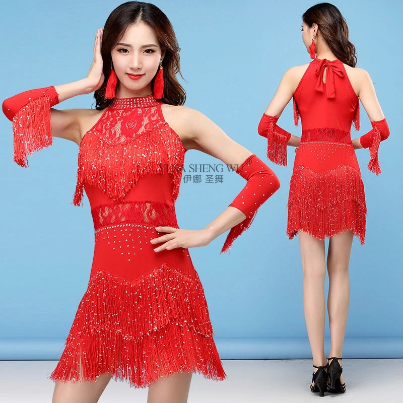 New Design Latin Dance Performance Dress Sexy Sleeveless Tassel Sequins Costume Professional Latin Ballroom Salsa Samba Dresses