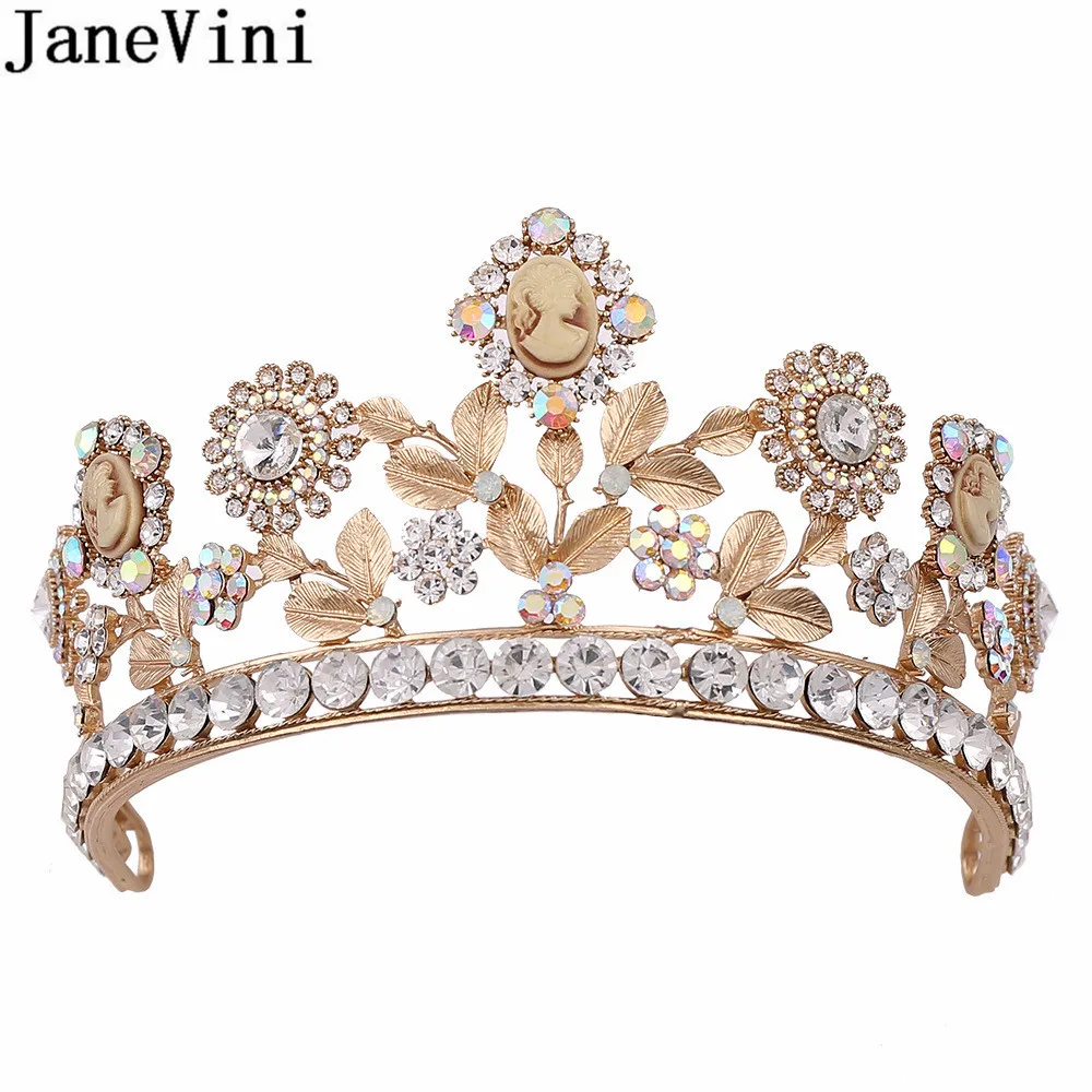 JaneVini Western Style Gold Bridal Tiara Hair Crown Wedding Hair Accessories Crystal Rhinestone Silver Bride Crowns Headband