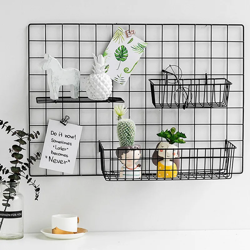 Ins Home Wall Decoration Iron Grid Decor Frame Hanging Rack Wall Display Art Storage Box Basket Mesh Shelf Rack Holder Organizer