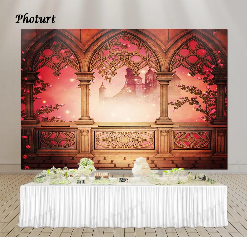 PHOTURT Dream Corridor Backdrop Wedding Decorate Photography Background Pink Light Photo Banner Floral Vinyl Decoration Props