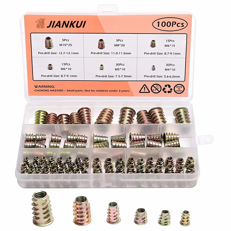 100Pcs/Set M4 M5 M6 M8 M10 Zinc Alloy Thread For Wood Insert Nut Flanged Hex Drive Head Woodworking Furniture Nuts Kit