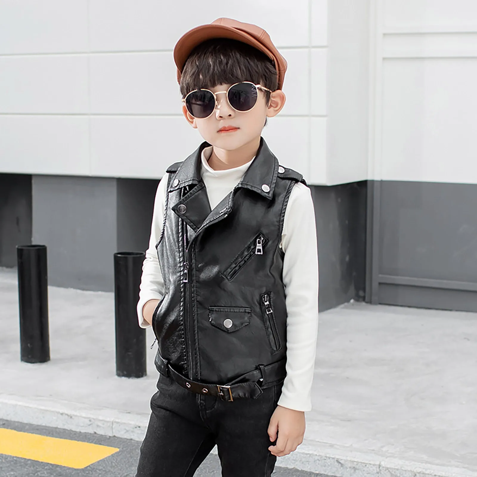 

Children's Vest For Kids Boys Vest Jacket Autumn Solid Fashion Children Waistcoat Boy PU Leather Sleeveless Outerwear Clothes