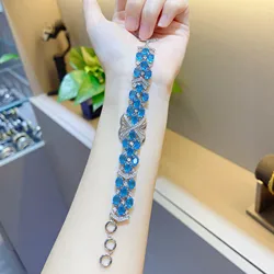 2022 New Fashion Silver Color Bracelets Luxury Sea Blue Simulation Topaz Aquamarine Bracelet Chain For Women Fine Jewelry Gifts