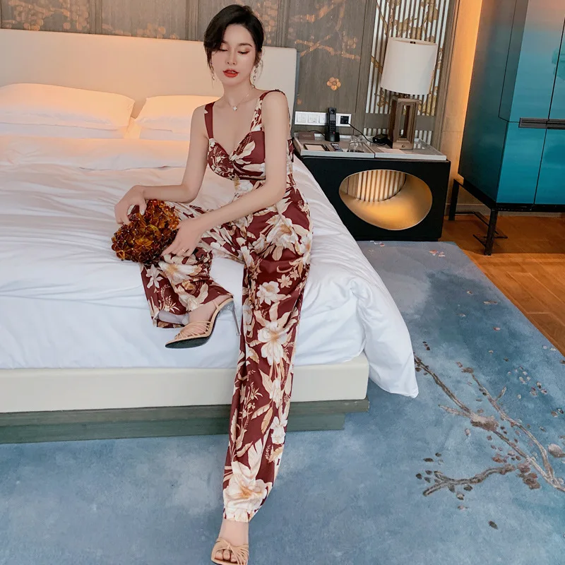 2020 Châu Âu Và Hoa Kỳ Mùa Hè Mới Nữ Retro In Hình Dây Jumpsuit Ống Rộng