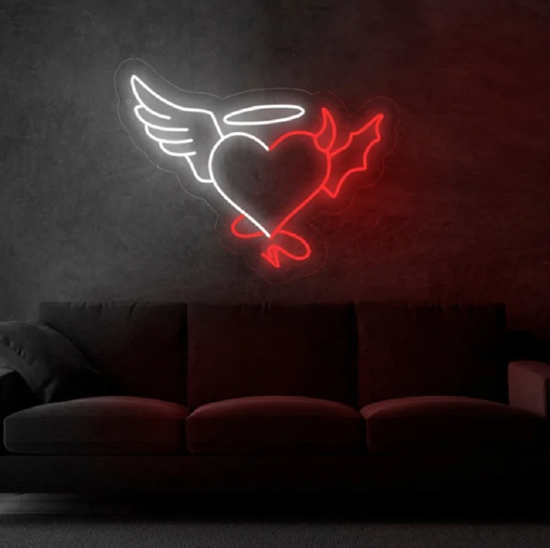 

Angel and Devil Demon Led Heart Neon Sign Light Wall Hanging for Valentine's Day Gift Wedding Decoration Home Room Bedroom