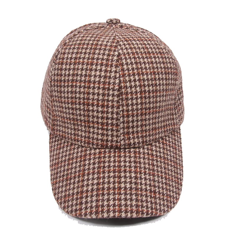 Damska czapka z daszkiem dla mężczyzn kapelusz bawełna akcesoria damskie Houndstooth krata wełniana męska czapka Snapback BQM347