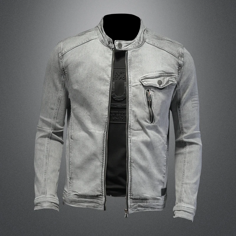 Men Moto Biker Streetwear Denim Jackets Men Vintage Grey Bomber Jacket Outwear Male Casual Cotton Stand Collar Denim Coats