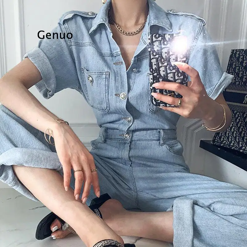 Summer Straight Rompers Women Deinm Jumpsuit Large Size Loose Casual Jeans Rompers Ladies Streetwear Wide Leg Overalls