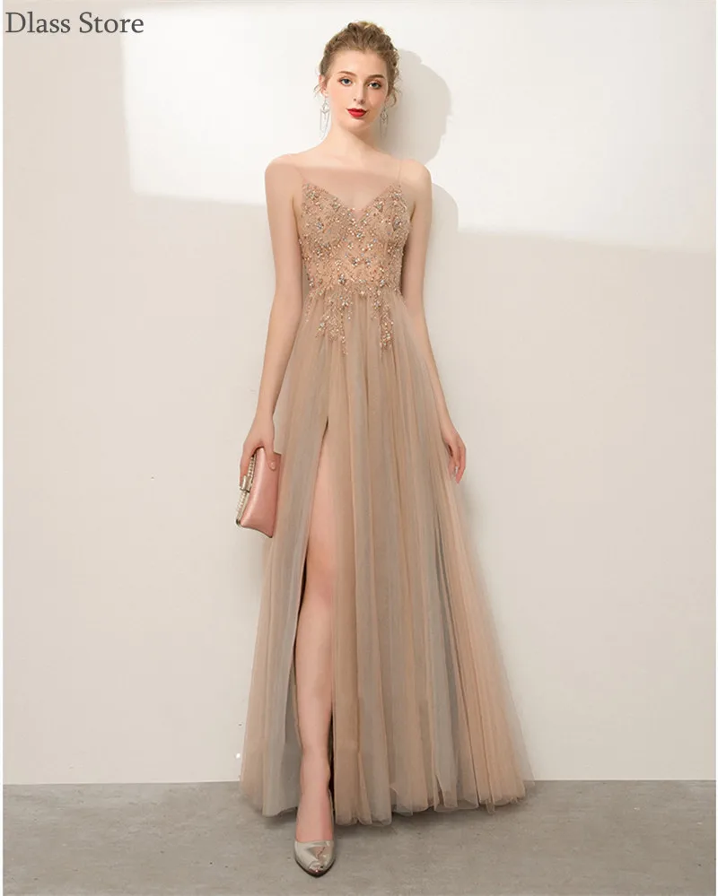 Champagne Prom Dress 2021 Nieuwe Split A-lijn Floor Lengte Spaghettibandjes Illusion Kralen Top Avondjurk Платья Знаменитостей