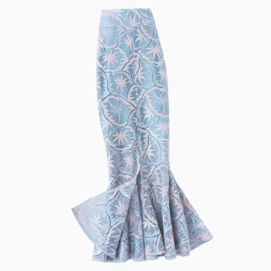 

Blue lace package hip skirt female slit fishtail skirt ruffled step skirt floral print slim skirt spring summer q698