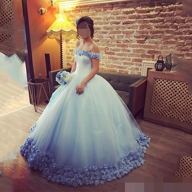 사용자 정의 만든 2021 새로운 블루 볼 가운 Quinceanera 드레스 오프 어깨 짧은 sleevesTulle 수제 달콤한 15 16 드레스 XV 파티 착용