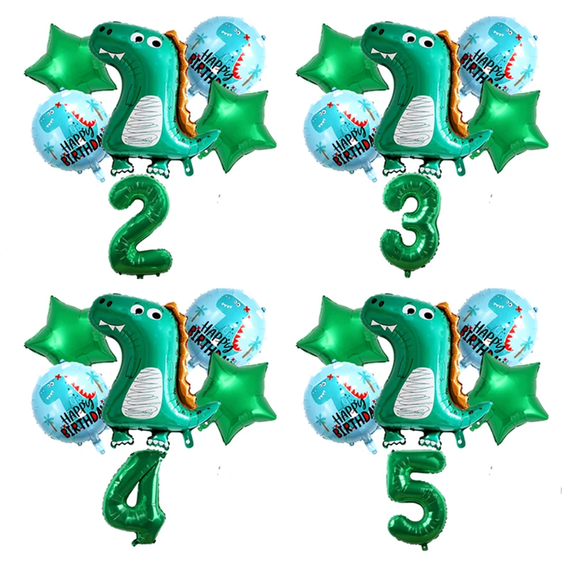 6pcs new cute dinosaur aluminum foil balloon digital five-pointed star set for children's birthday party dinosaur theme decorati