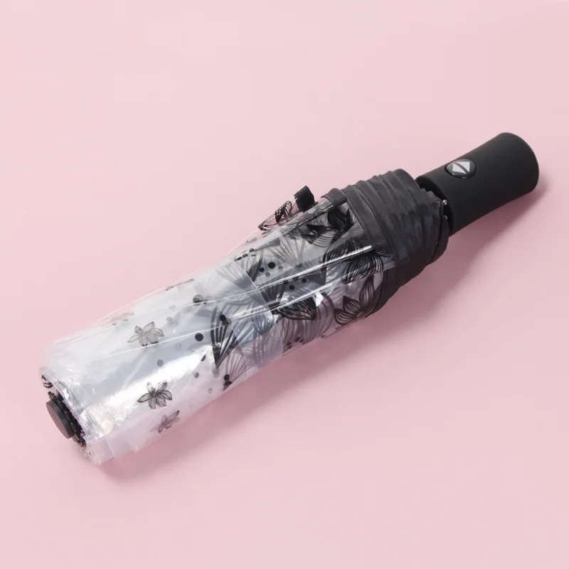 Fashion Thicken PVC Three Folding Transparent Automatic Clear Flower Printing Women Men Rain Umbrellas Girls Gifts Dropship