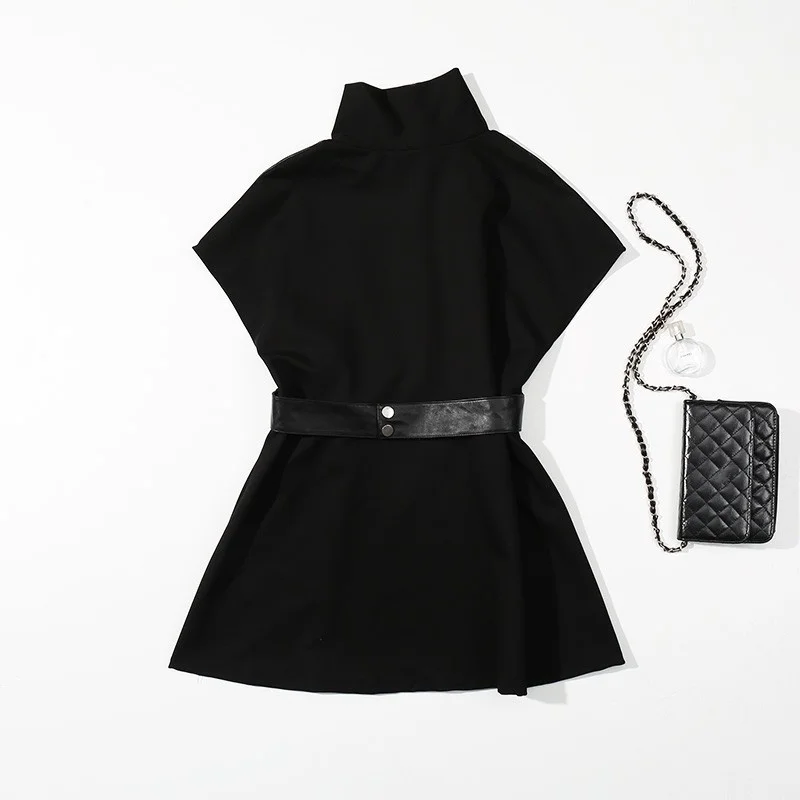 Arrival New Dress Women Genuine Leather Spliced Women Short Sleeve Belt Vintage Slim Fit Korean Style Women A-Line Dress