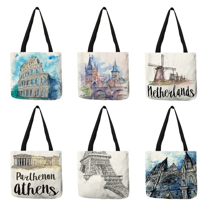 Watercolor Famous Building Painting Print Shoulder Bag For Lady Double Printing Women Handbags Shopping Bags Foldable B13032