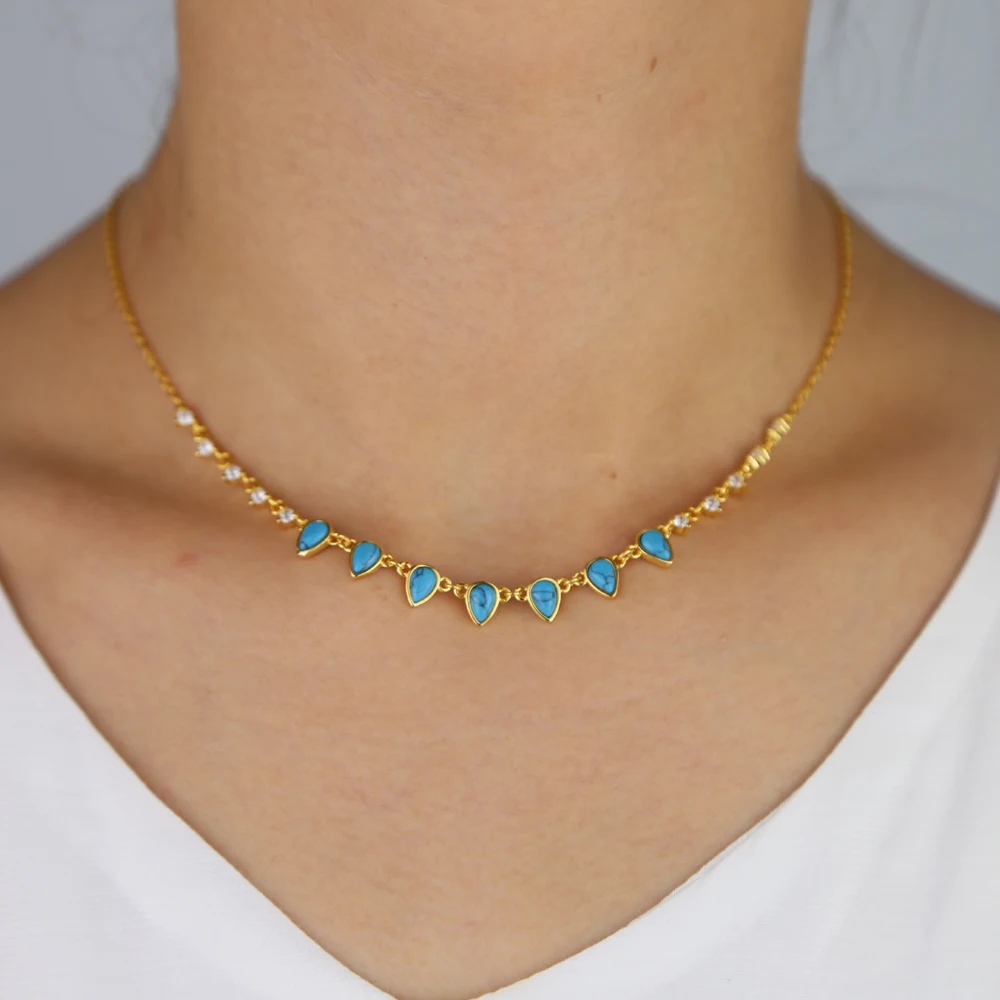 

new arrived blue opal stone paved women short neckalce jewelry for wedding short necklace jewelry with multi charm pendant