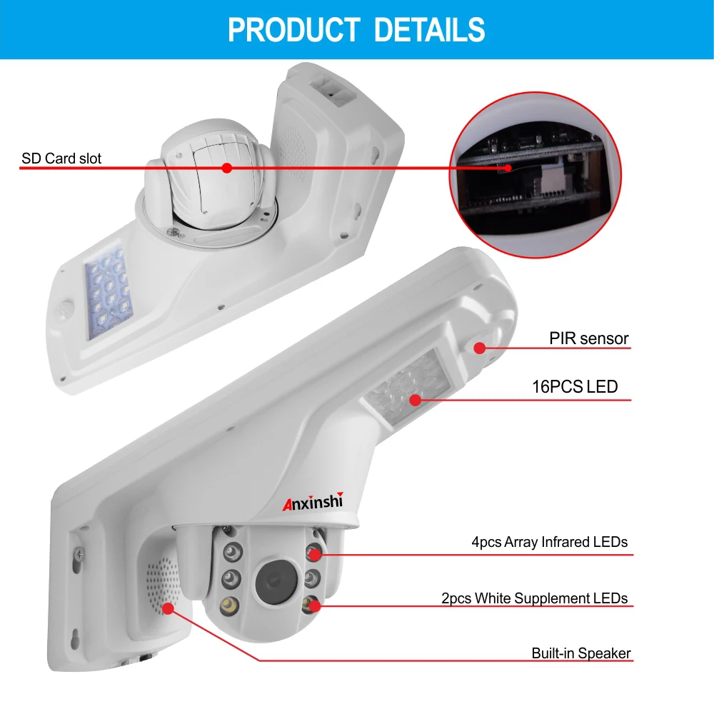 Anxinshi Outdoor WiFi PTZ IP Camera With Wall Lamp Human Tracking Two Way Audio Security Protection Surveillance Night Vision  ﻿