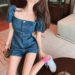 Summer Skirt summer new small fragrance wind waist slimming  short jean skirt jumpsuit Tall waist Square collar Jumpsuits