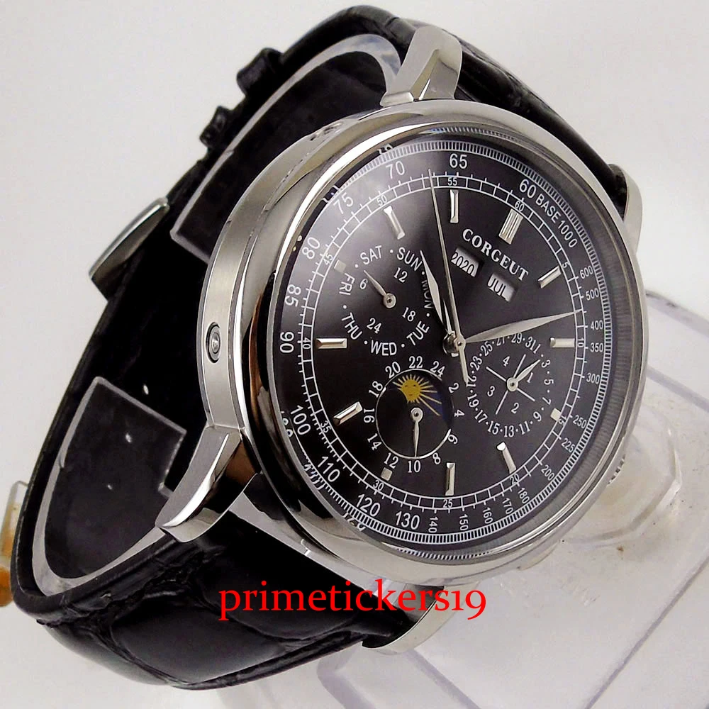 CORGEUT 42mm black/white colors watch dial day week function leather strap automatic watch men gift