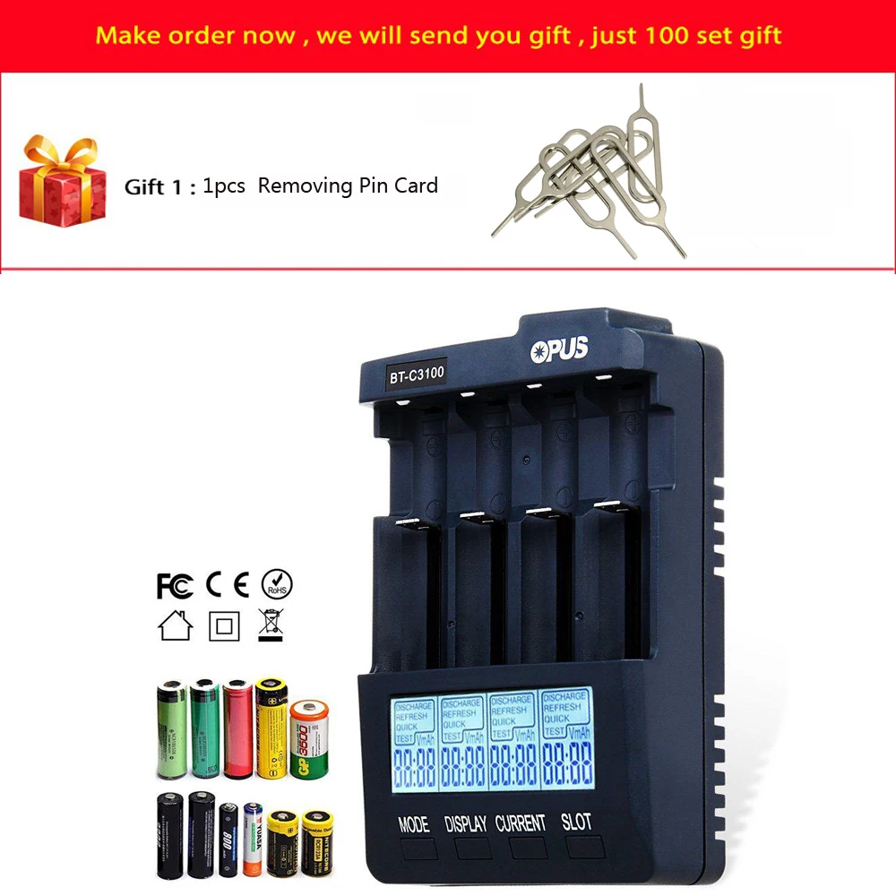 1Pc OPUS BT-C3100 V2.2 Digital Intelligent 4 Slots LCD Battery Charger For Lithium-Ion NiMH NiCd AAA AA 10440 14500 16340 18650