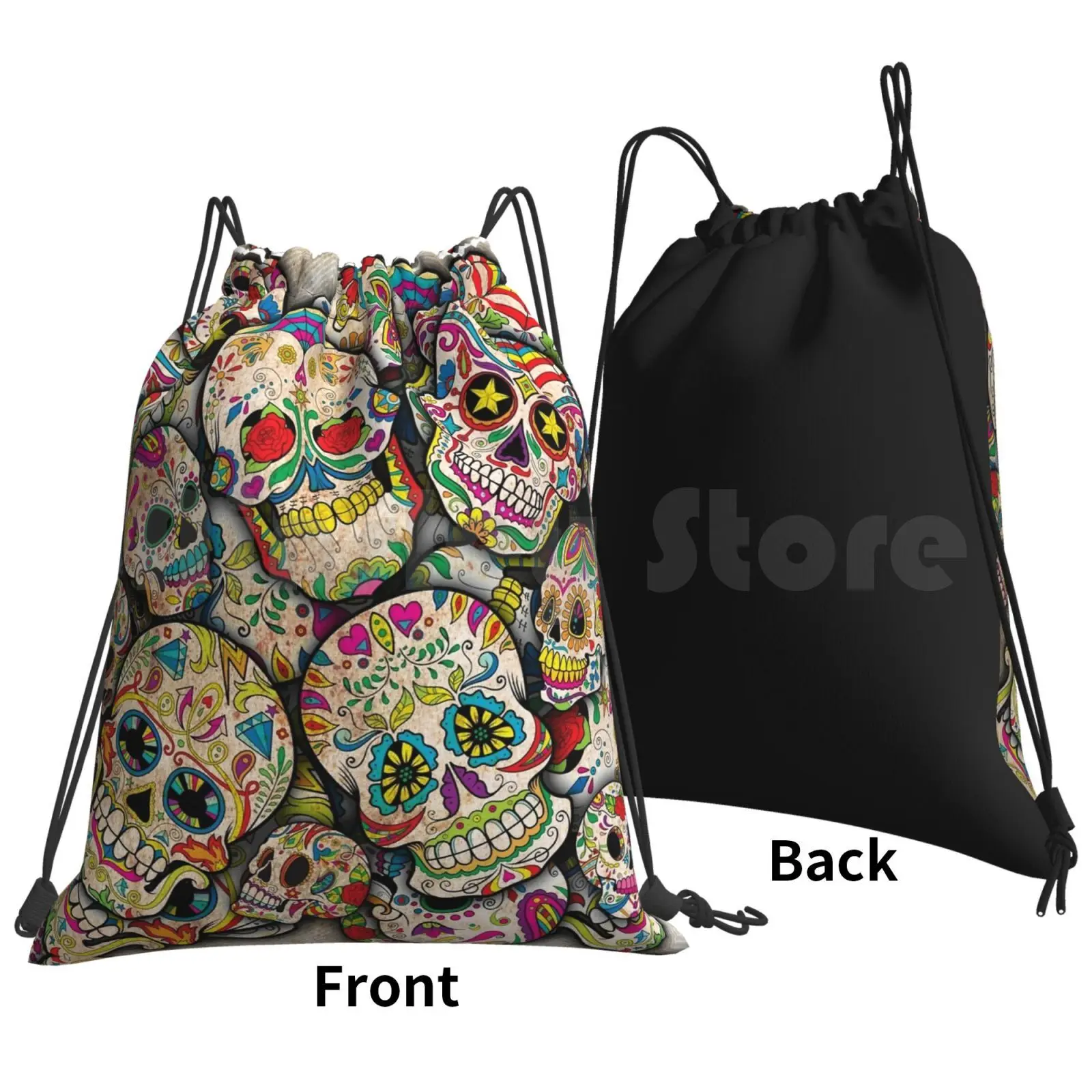 Sugar Skull Collage Backpack Drawstring Bag Riding Climbing Gym Bag Sugar Skulls Halloween Day Of The Dead Skulls Style