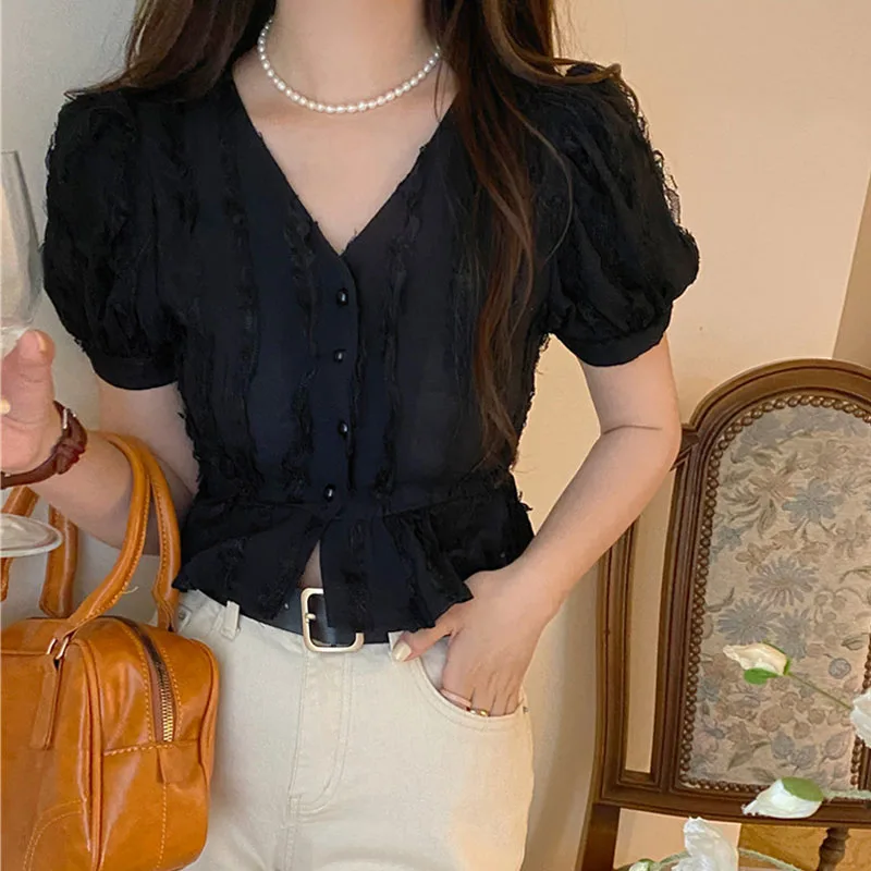 Sweet Lace Stitching Summer Women's Shirt Korean Fashion Puff Short Sleeve Slim Blouse Women Cotton Short Tops New Blusas 15668