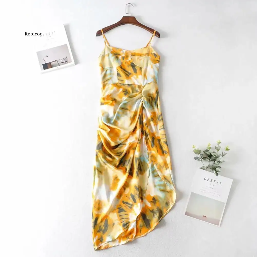 

Fashion Sexy Summer Women Print Sleeveless Spaghetti Strap Ruched Side Slit Irregular Hem Midi Dress Party Dresses Vestidos