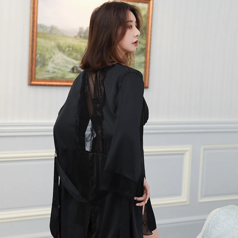 Satin Kimono Bath Gown Women Sexy Backless Robe Hollow Lace Side Nightgown V-Neck Sleepwear Nightdress 2PCS Set Summer Home Wear