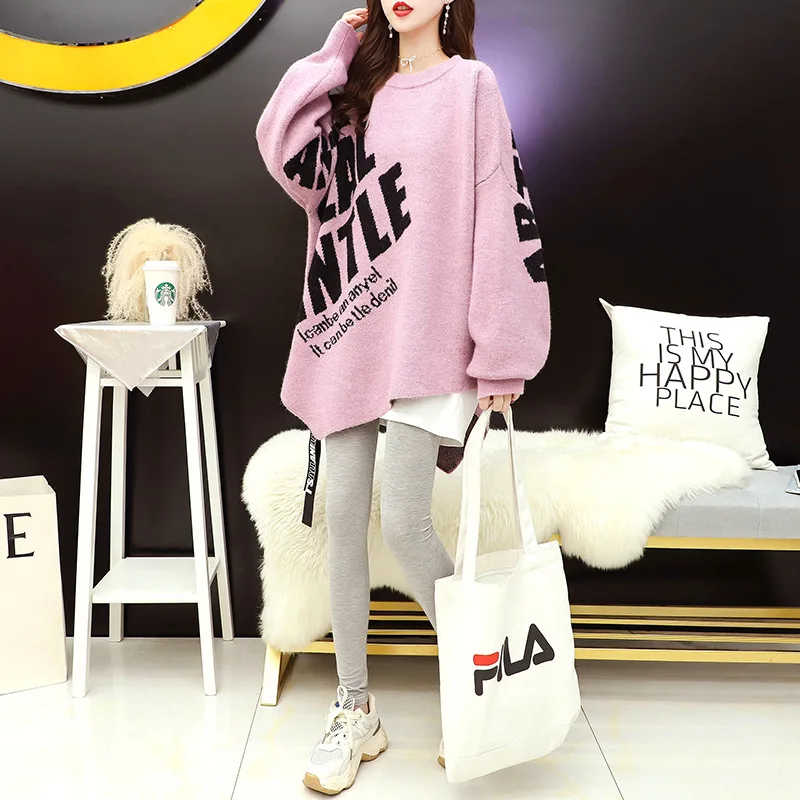 Sweater Ladies Autumn And Winter 2023 New Korean Letters Loose Western Style Casual Long-sleeved Round Neck Knitted Top