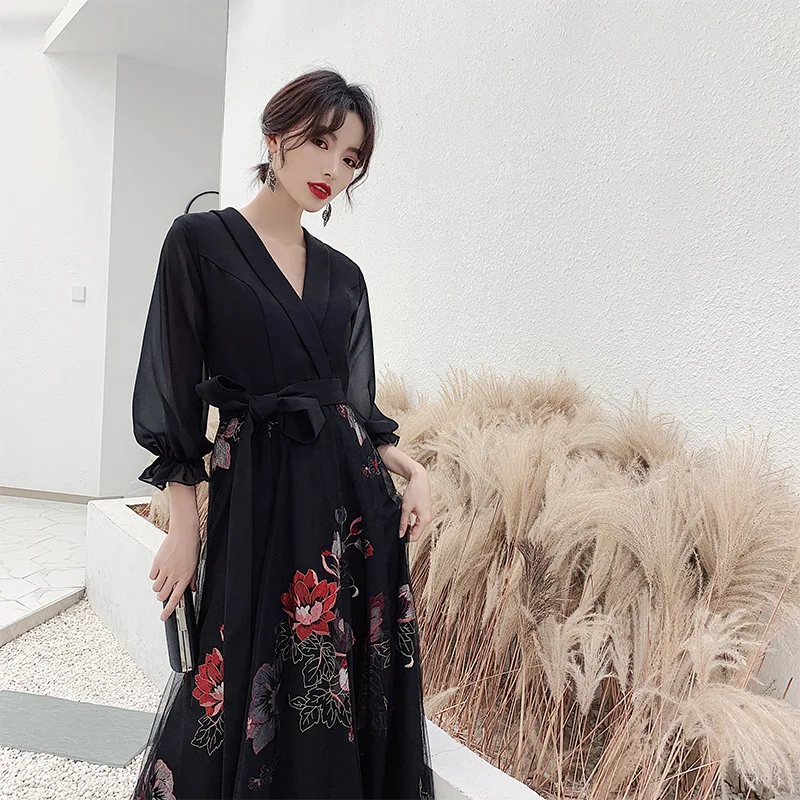 Garis Robe De Soiree Ini Yiiya BR330 Cetak Hitam Malam Gaun Leher V Lengan Tiga Perempat Formal Gaun Panjang gaun Malam